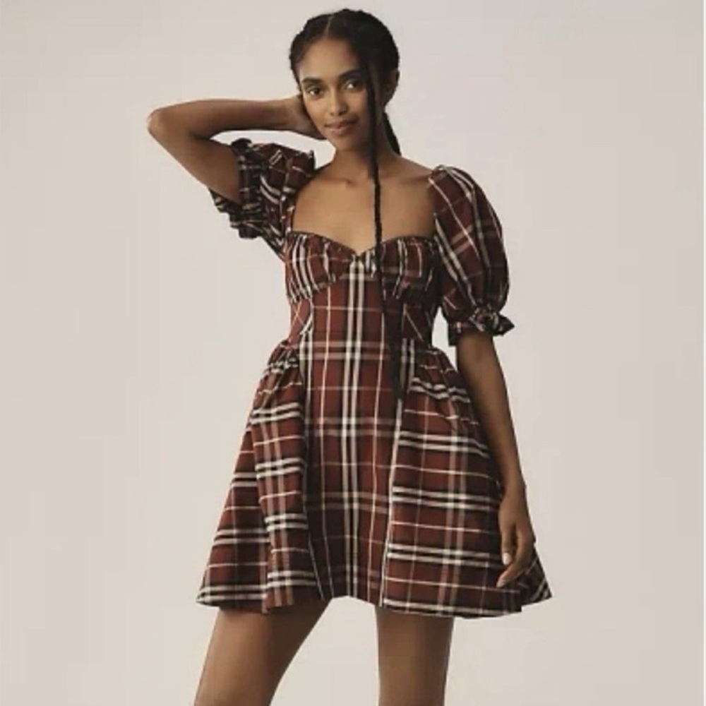 Maeve Anthropologie Puff Sleeve Plaid Tartan Mini Dress NWT Size L